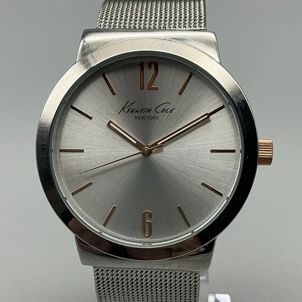 Kenneth Cole Mens Watch 42mm Silver Dial Stainless Mesh Band KCW3062 New Battery